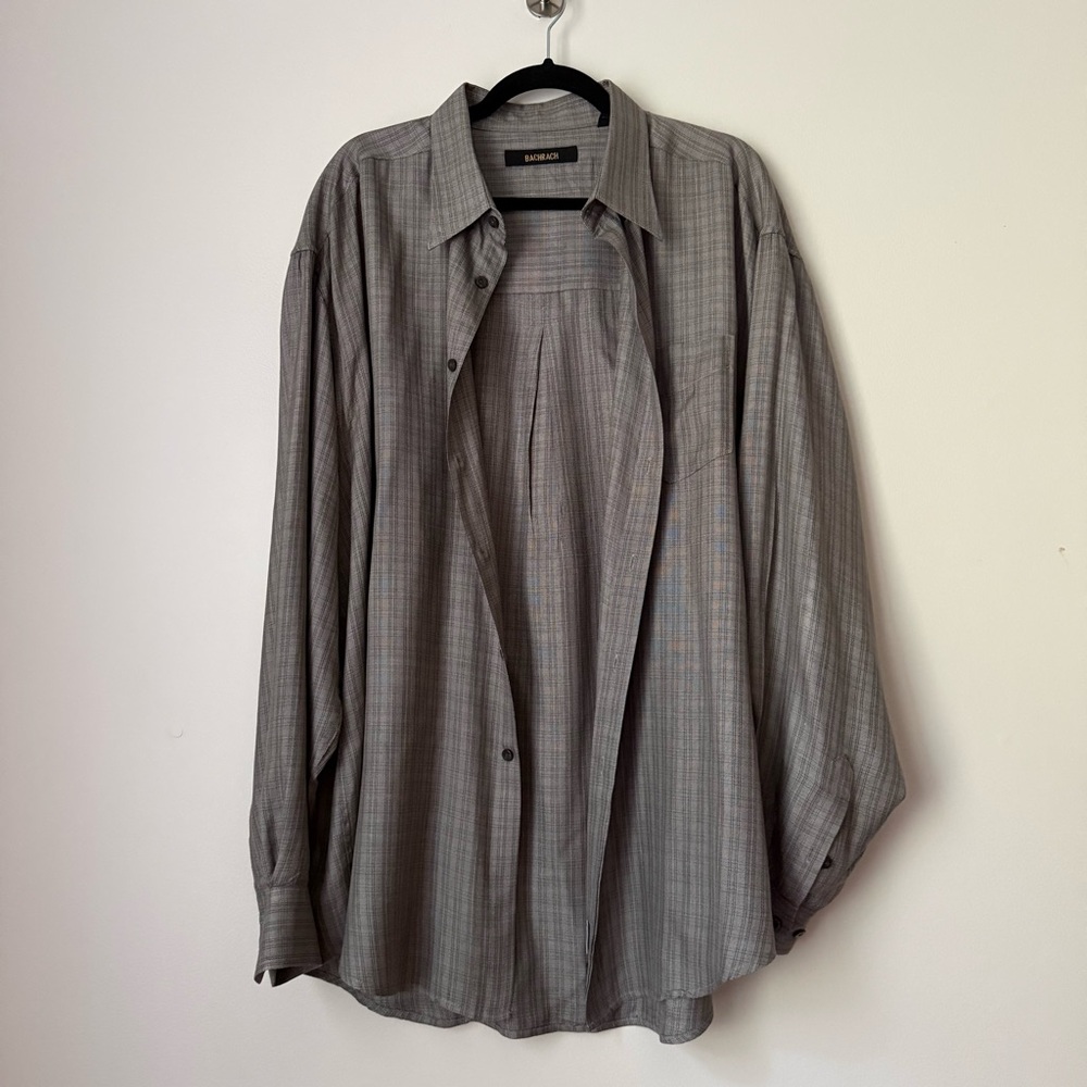 Bachrach Windowpane Silk & Lyocell Blend Long Sleeve Button-Up Shirt, Gray